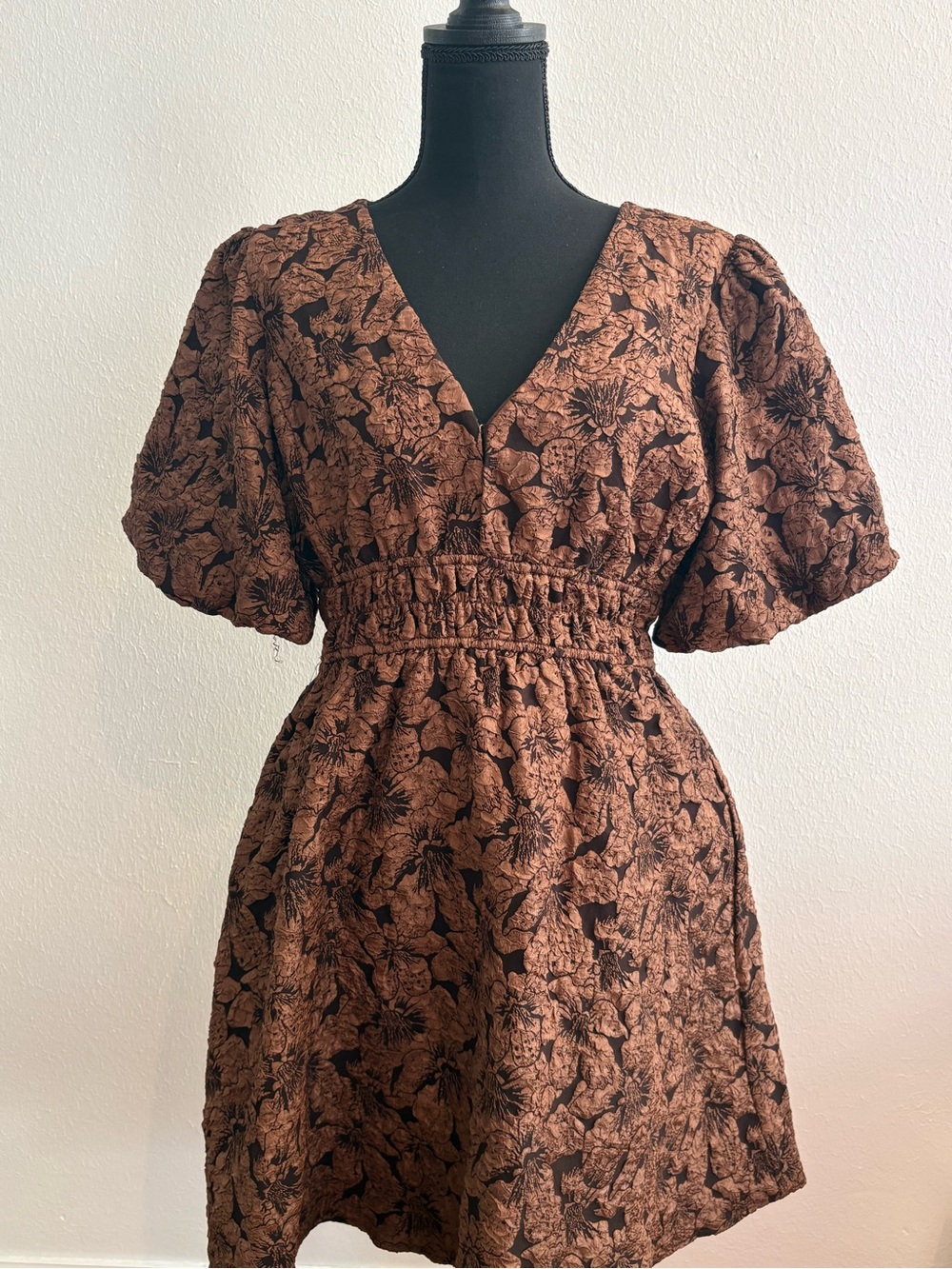 She + Sky Brown Floral V-Neck Smocked Waist Mini Dress